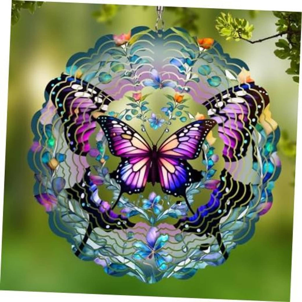 Hanging butterfly wind spinner with purple, pink and blue reflective metal petals