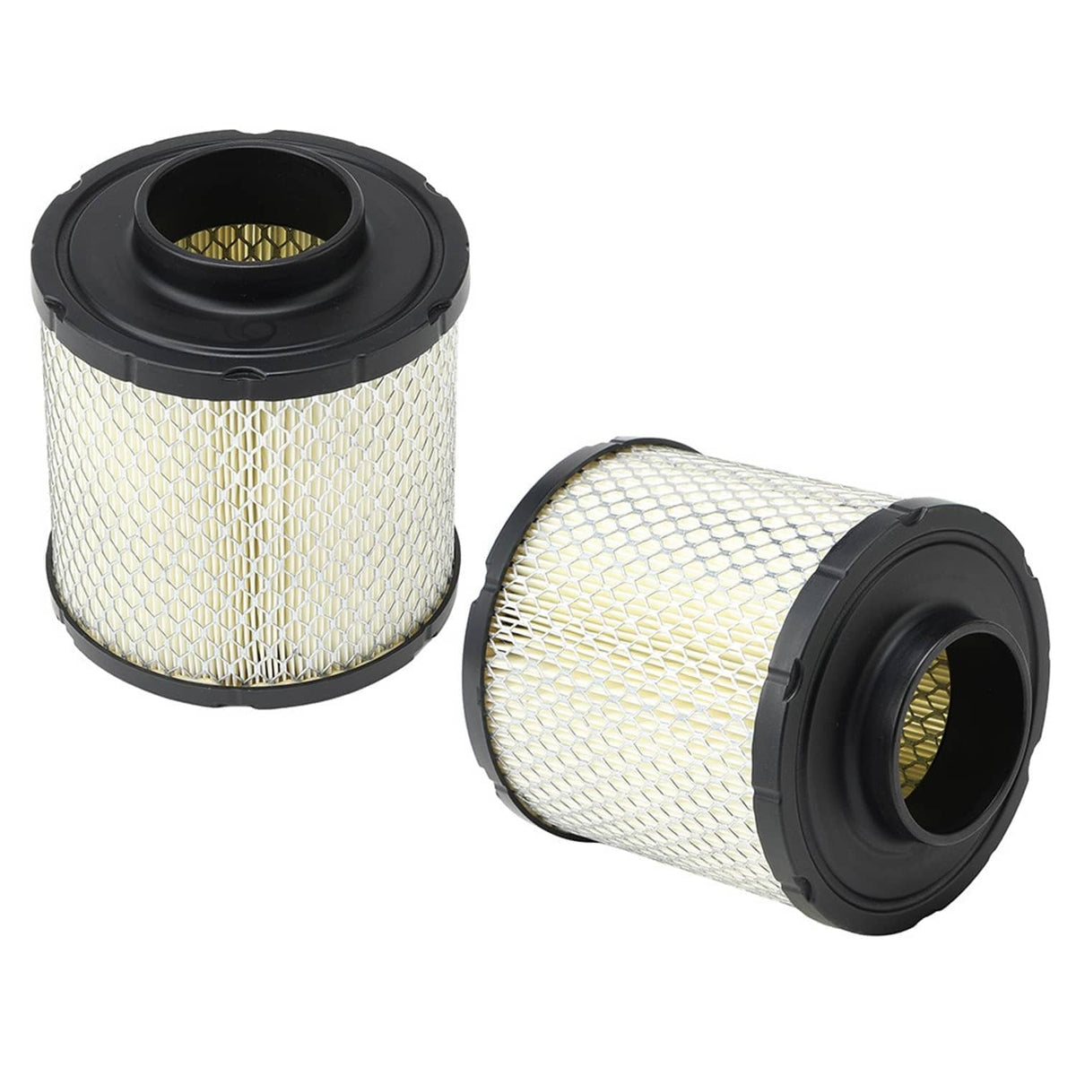 Pair of cylindrical air filters with white pleated mesh and black end caps