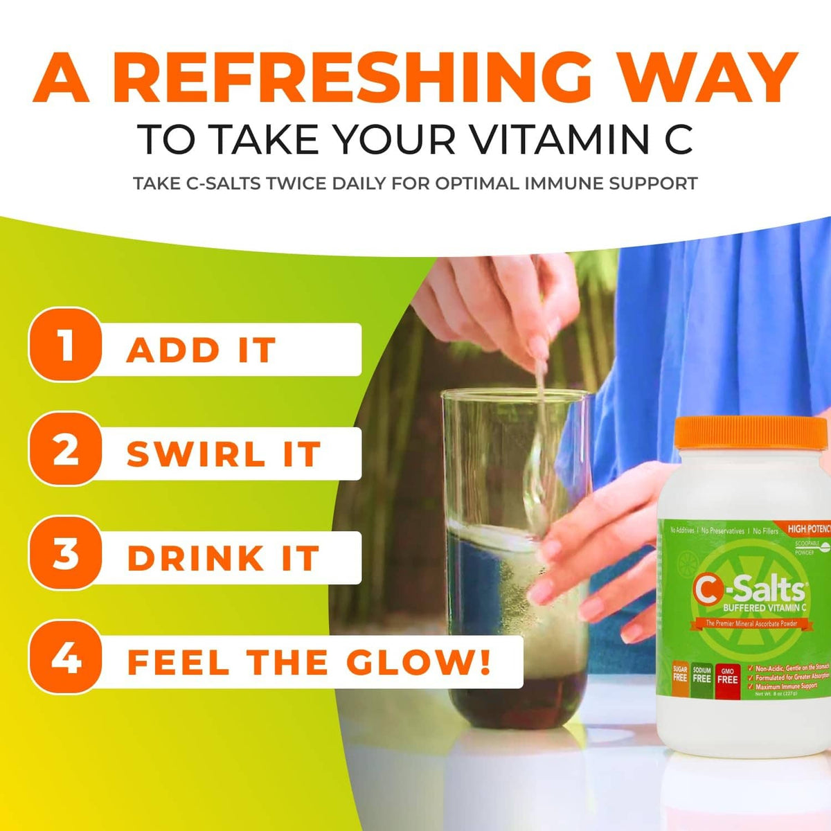 Vitamin C powder supplement jar with orange cap next to a glass during pouring.