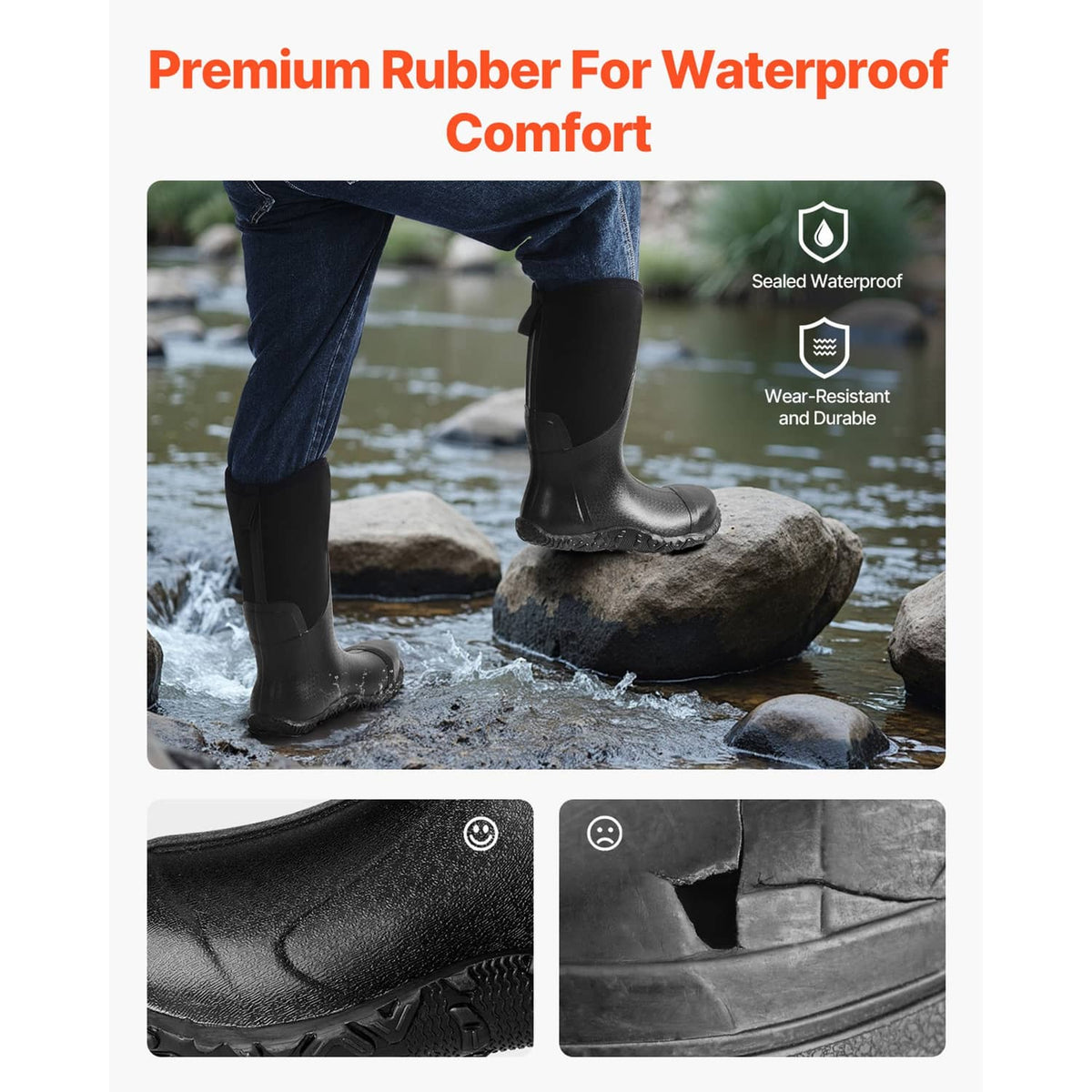 Black tall rubber boots with durable-looking outsole tread and side seam panels
