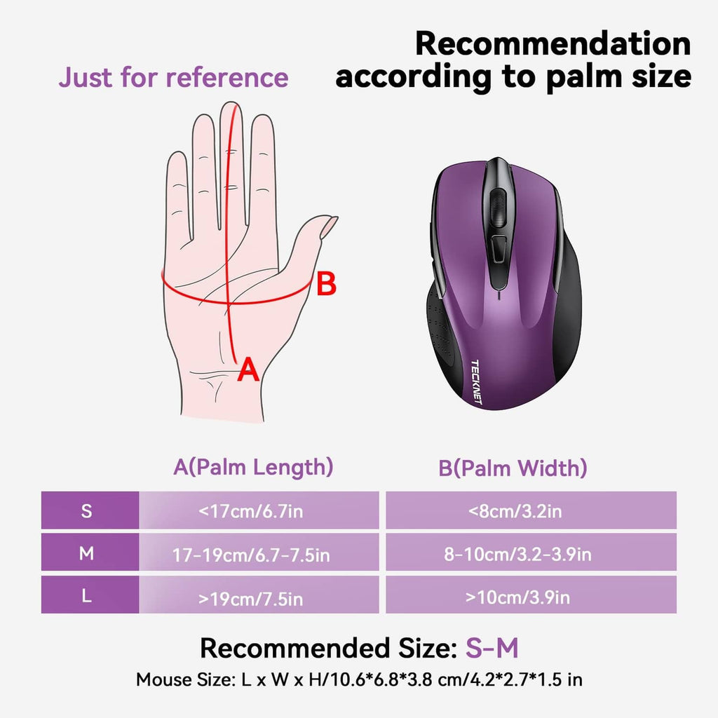Purple ergonomic optical wireless mouse with black sides, shown with size guide