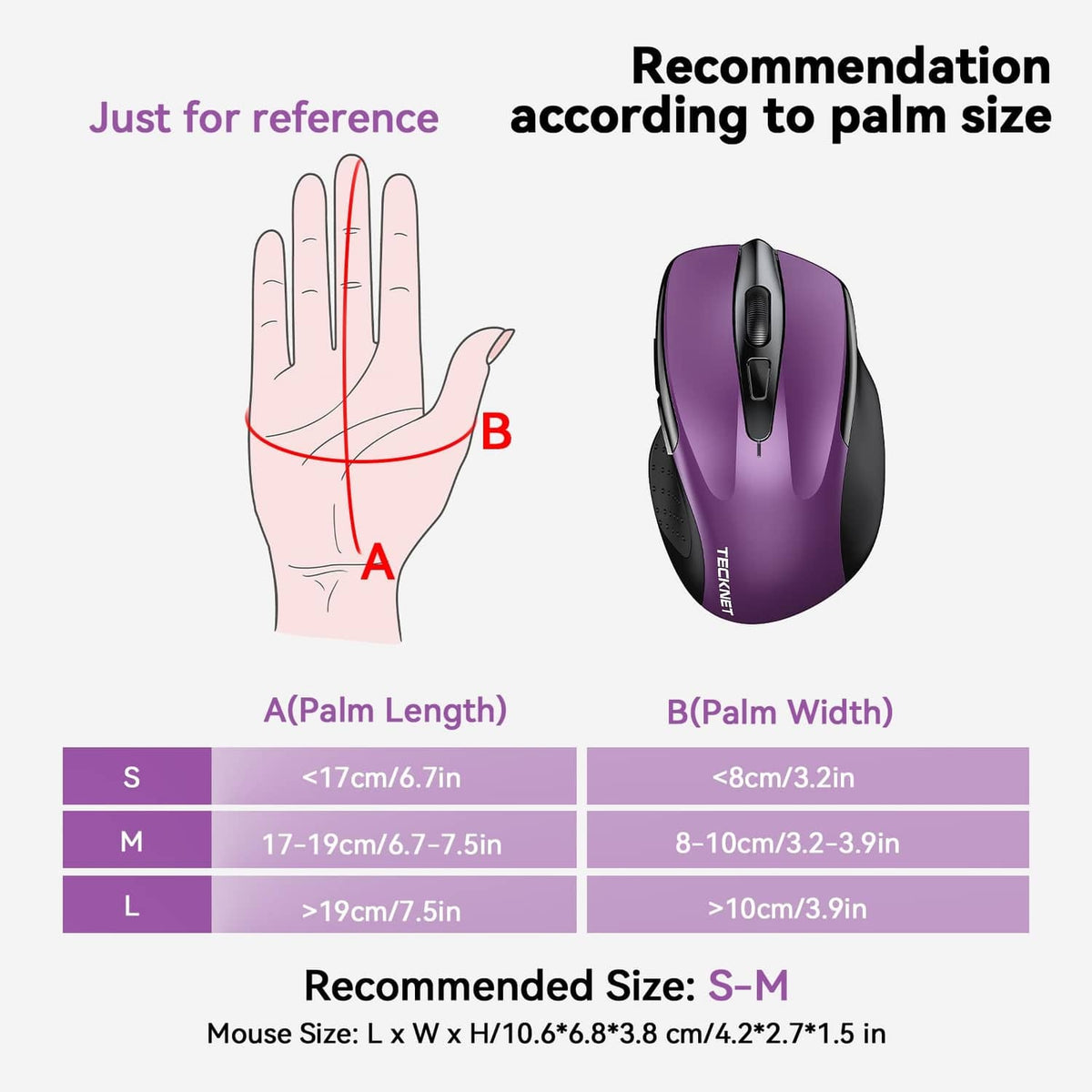 Purple ergonomic optical wireless mouse with black sides, shown with size guide
