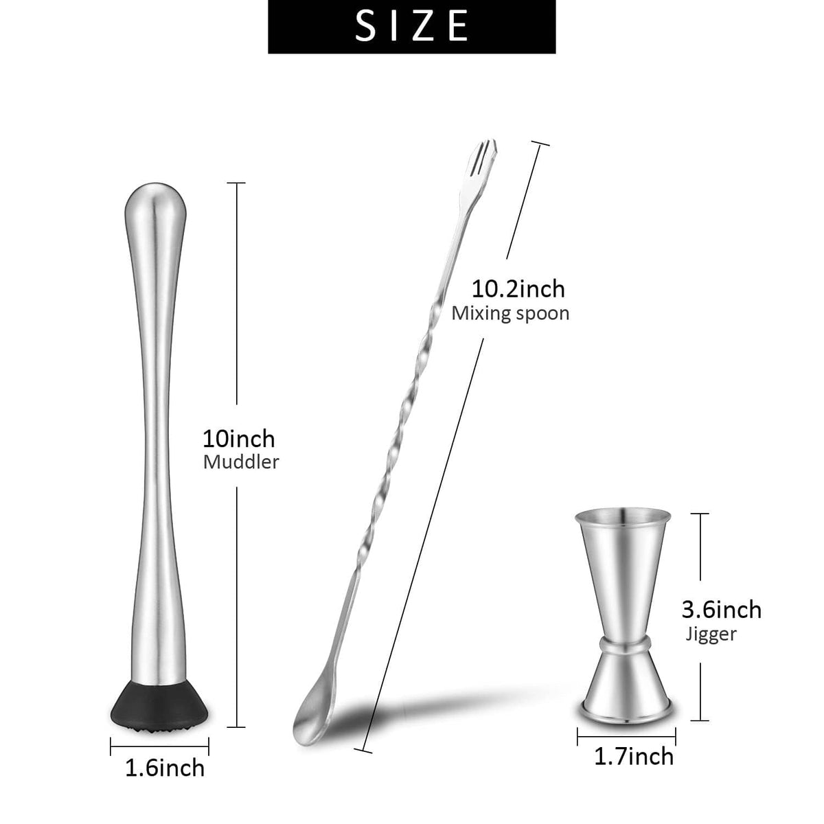 Stainless steel muddler, mixing spoon and jigger in silver (set sizes shown)