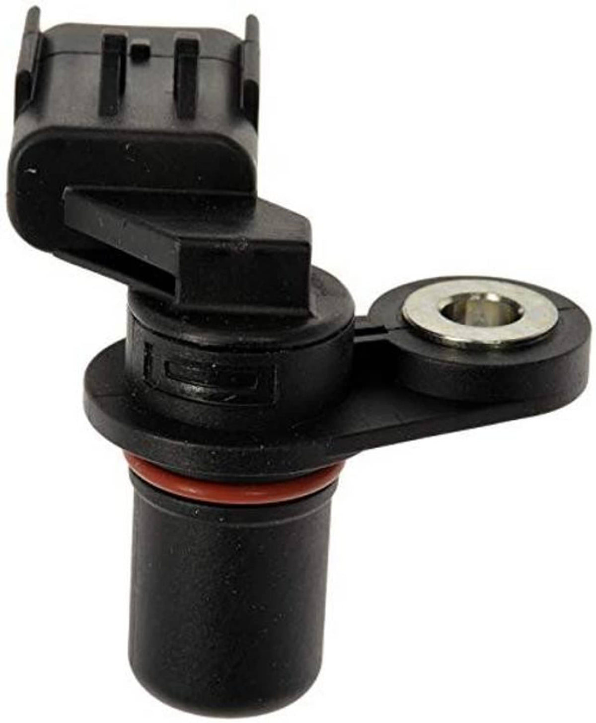 Crankshaft position sensor rear view with black plug housing and mounting flange, orange ring