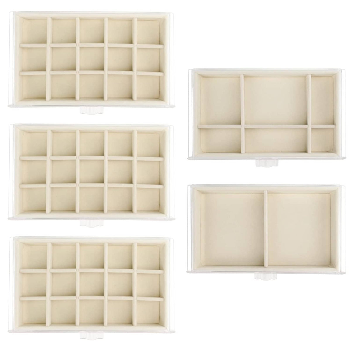 Five acrylic drawer panels with beige grid compartments, hinged and open