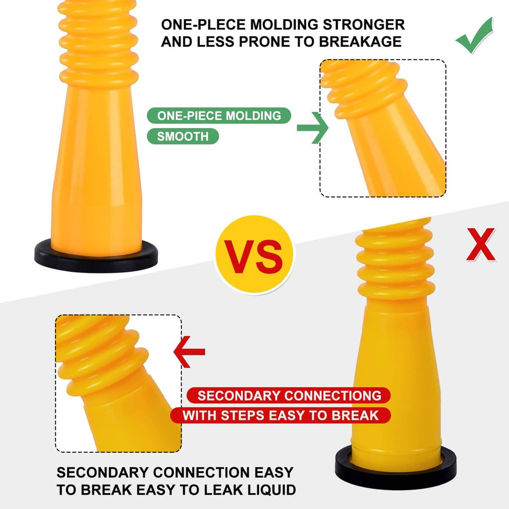 Yellow one-piece molded spout nozzle with base gasket for gas can replacement