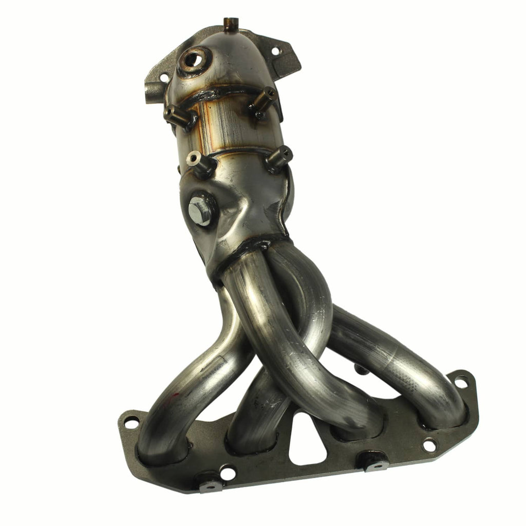 Exhaust manifold with catalytic converter, silver metal assembly with curved pipes