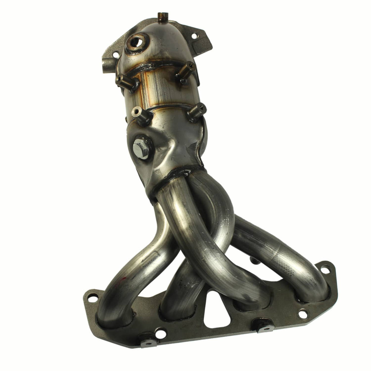 Exhaust manifold with catalytic converter, silver metal assembly with curved pipes