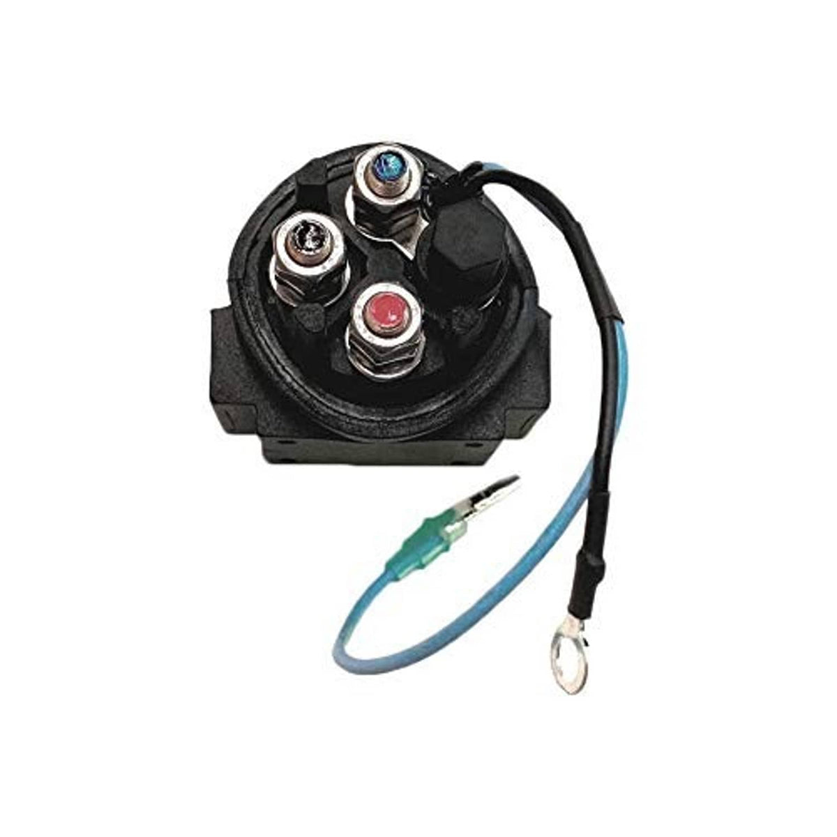Black marine power trim relay with blue wire leads and terminal ring connectors