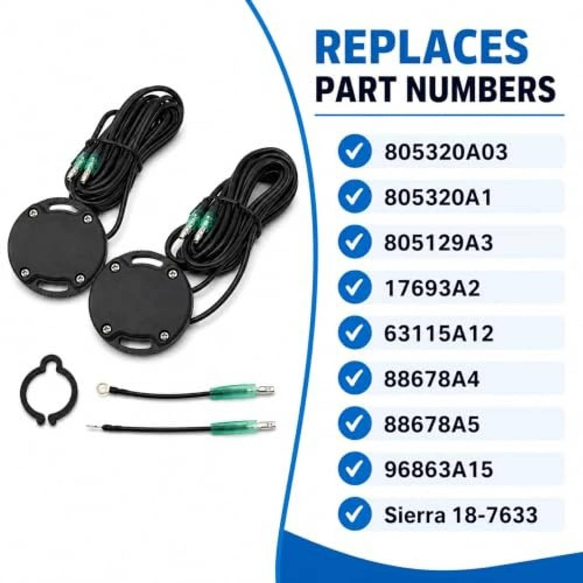Tilt trim limit switch kit with two black caps, green wire leads, and retaining clip