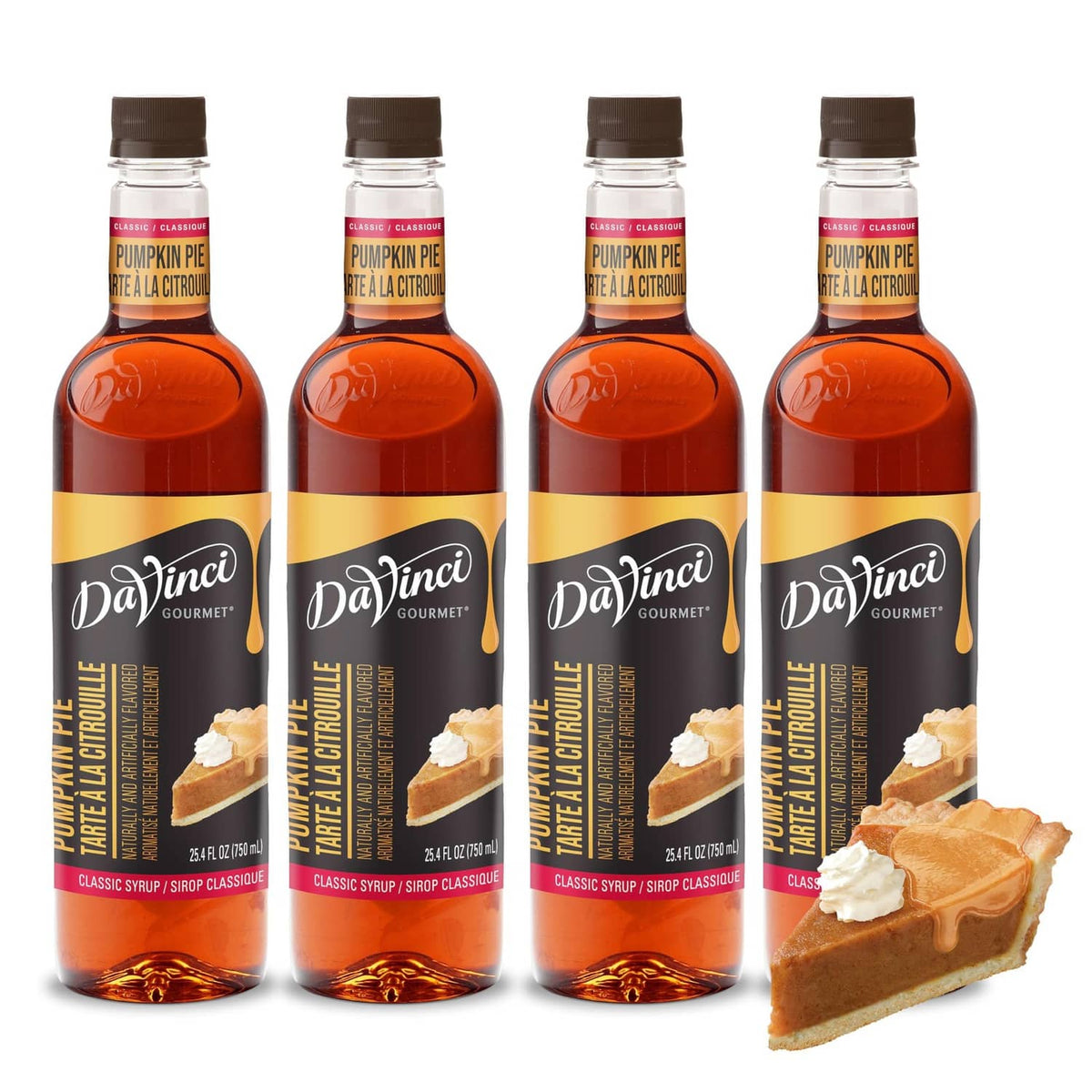 DaVinci Gourmet Pumpkin Pie syrup bottles (pack of 4) with pie slice garnish