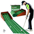 Indoor golf putting mat with green lanes, wooden base, and automatic ball return ramp