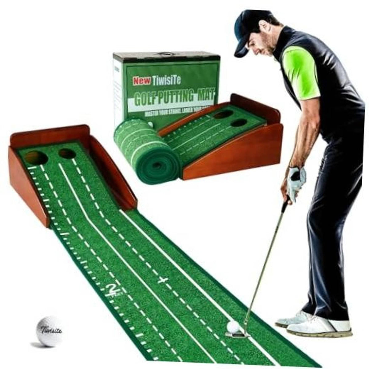Indoor golf putting mat with green lanes, wooden base, and automatic ball return ramp
