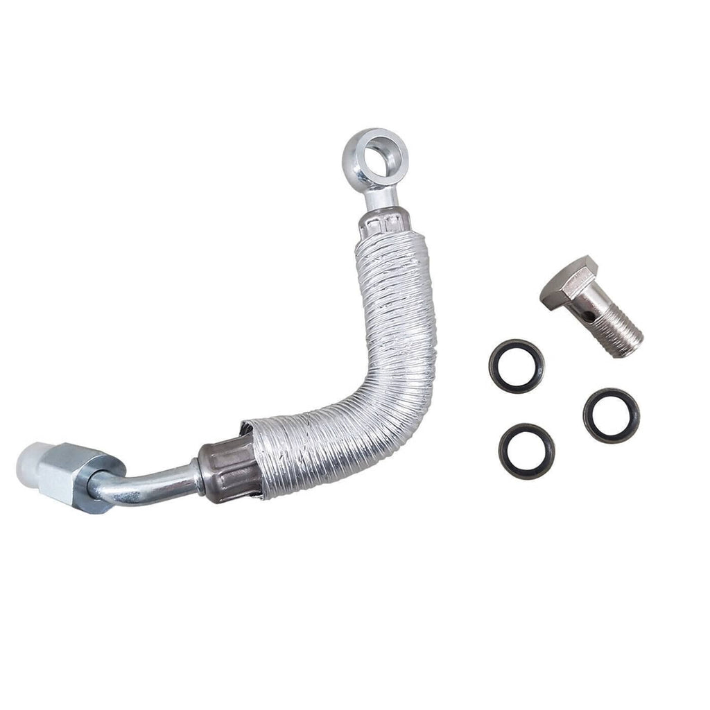 Coolant return hose line with braided hose, metal elbow, and included O-rings