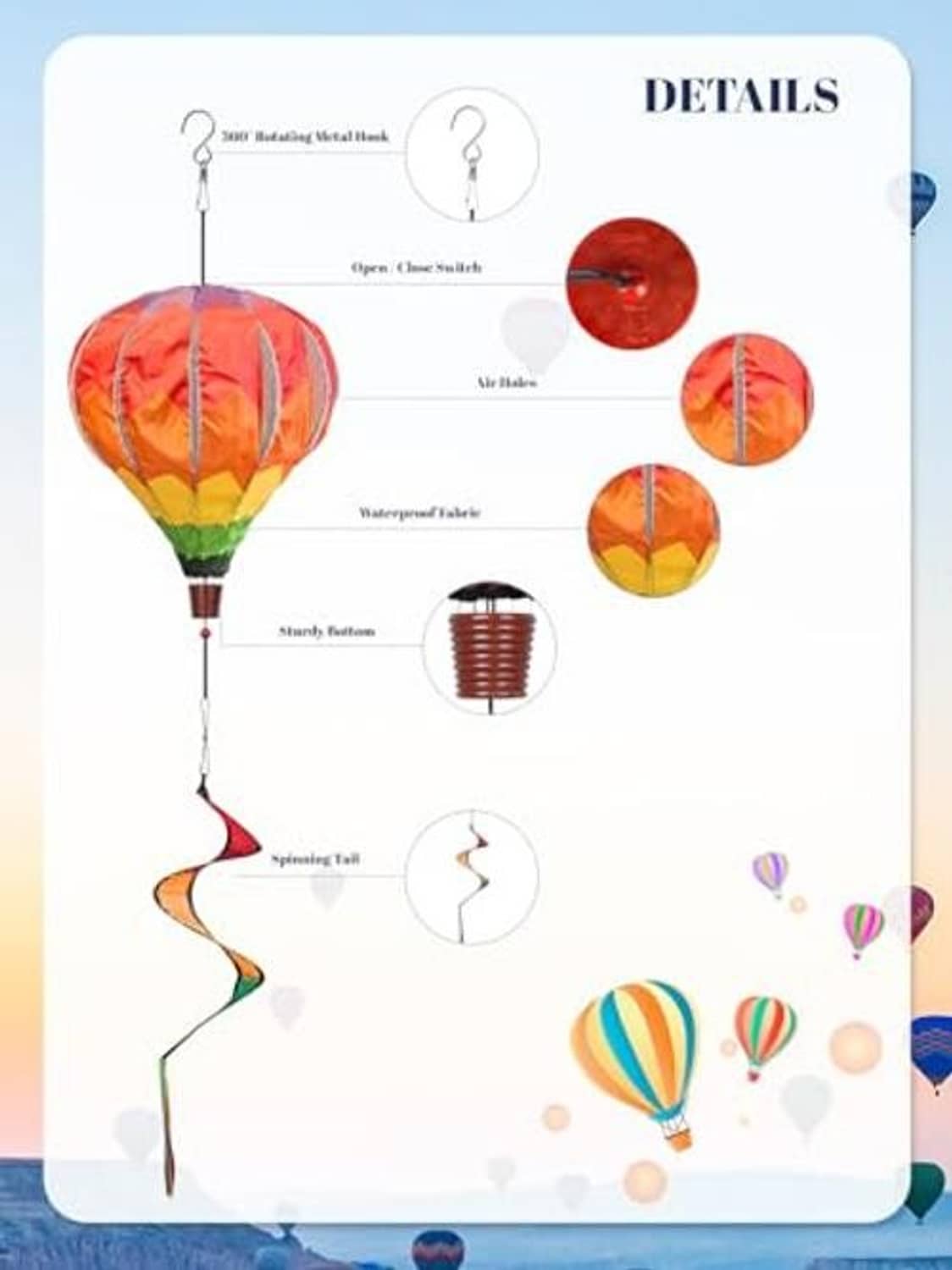 Rainbow hot air balloon wind spinner details diagram with fabric panels and hanging cord