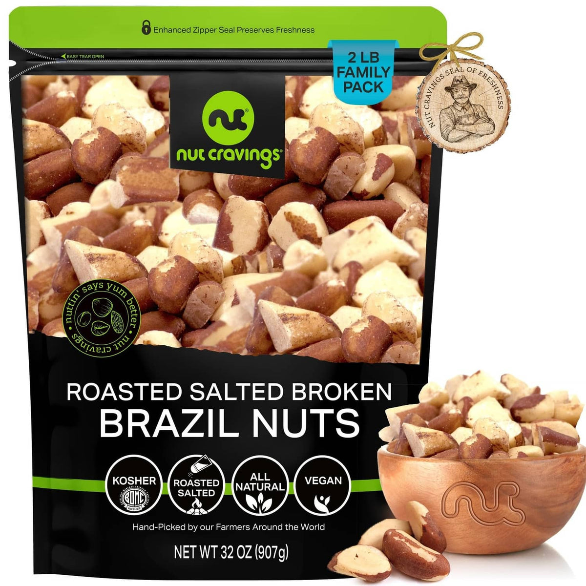 Roasted salted broken Brazil nuts pouch with nut pieces and serving bowl