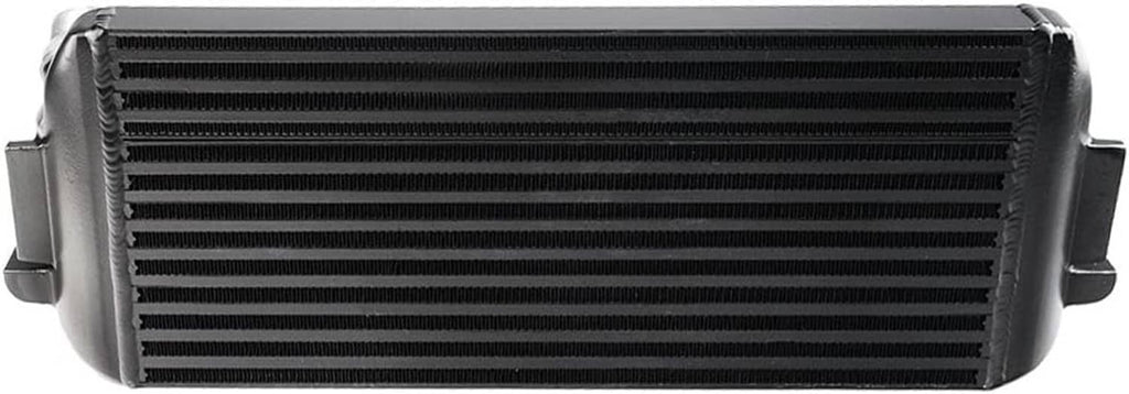 Close-up of black intercooler core with horizontal cooling fins and end caps