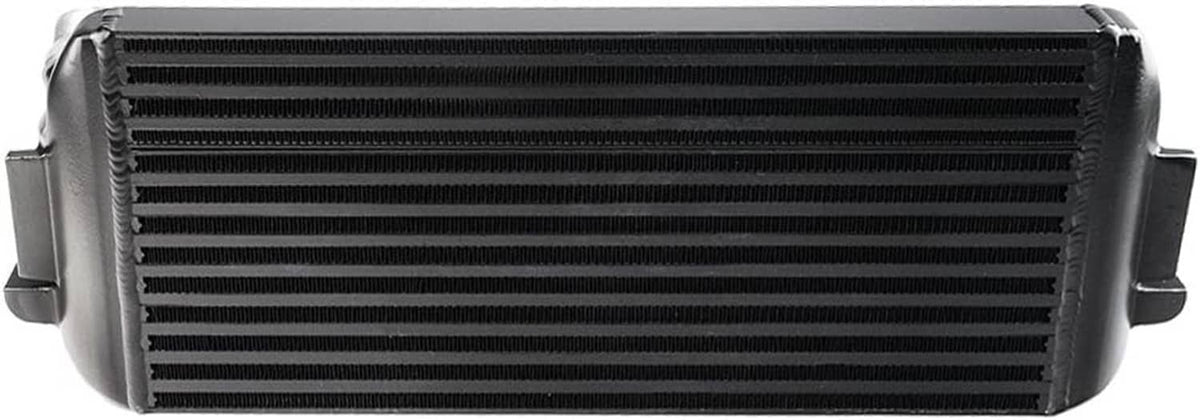 Close-up of black intercooler core with horizontal cooling fins and end caps