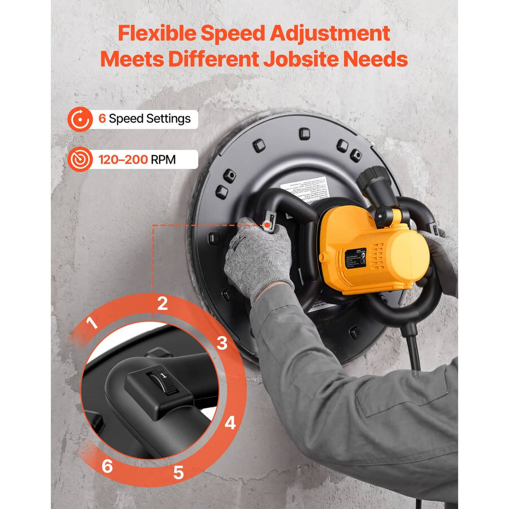 Variable-speed electric concrete trowel with black base and orange circular dial