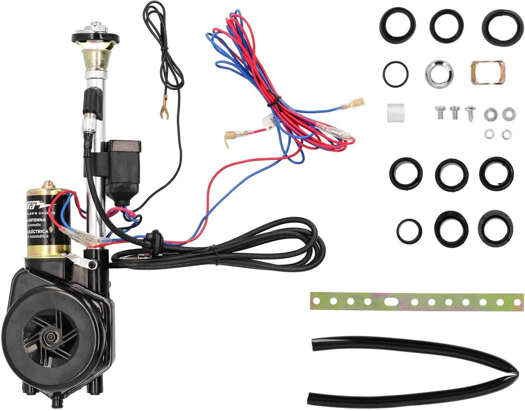 Motorized power antenna kit with wiring harness, black cable, and mounting rings