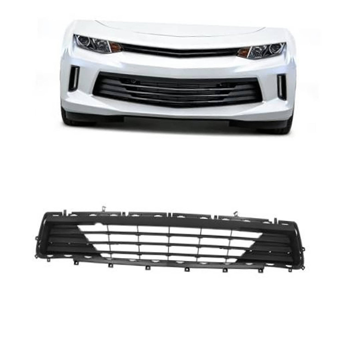 Black lower front grille with horizontal mesh bars and mounting tabs