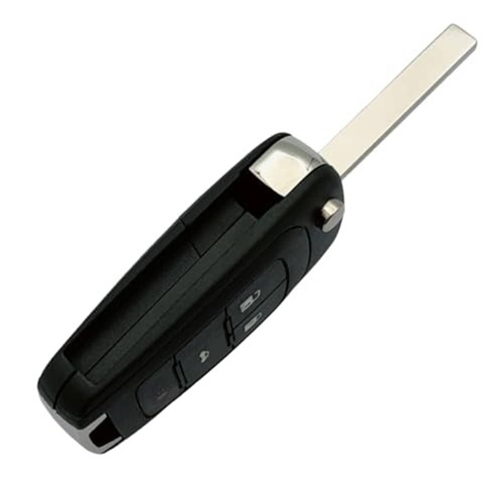 Black key fob shell with flip-out key blade, side view
