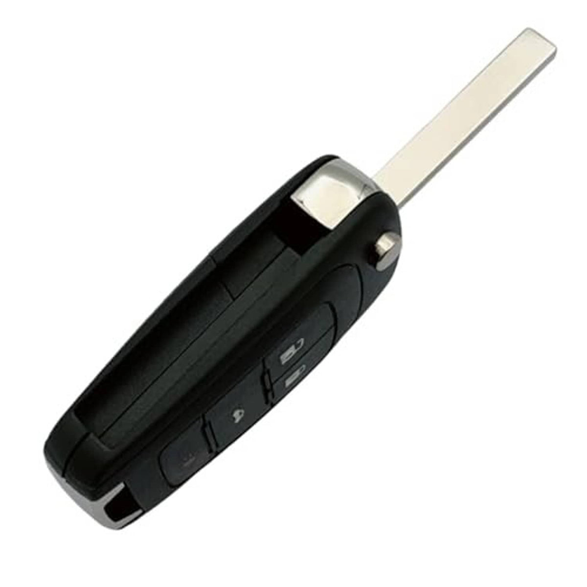 Black key fob shell with flip-out key blade, side view