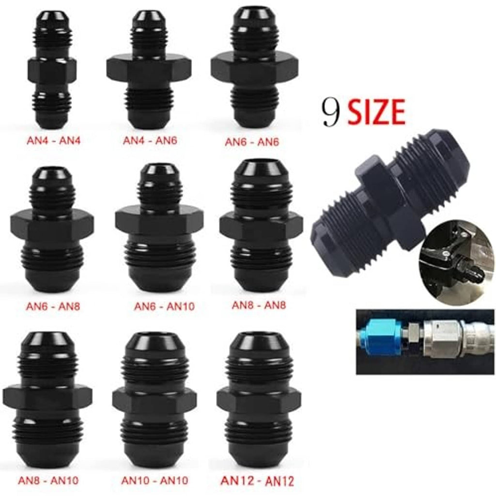 Assorted black AN flare male adapters, multiple sizes, hex base and threaded ends