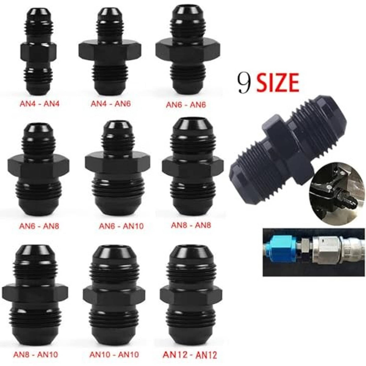 Assorted black AN flare male adapters, multiple sizes, hex base and threaded ends