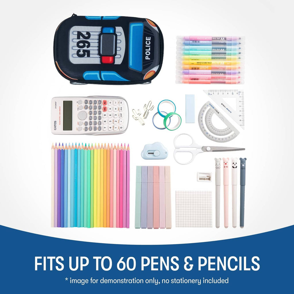 Blue police car pencil case with assorted stationery and colorful pencils inside