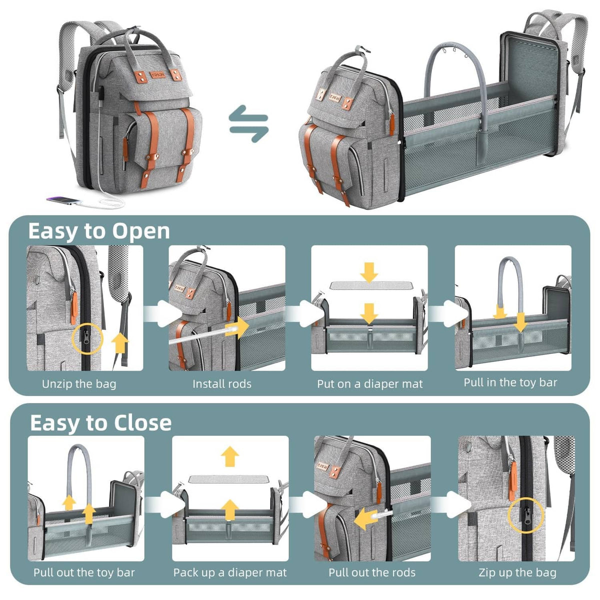 Dark grey diaper bag backpack showing changing station rods and diaper mat setup