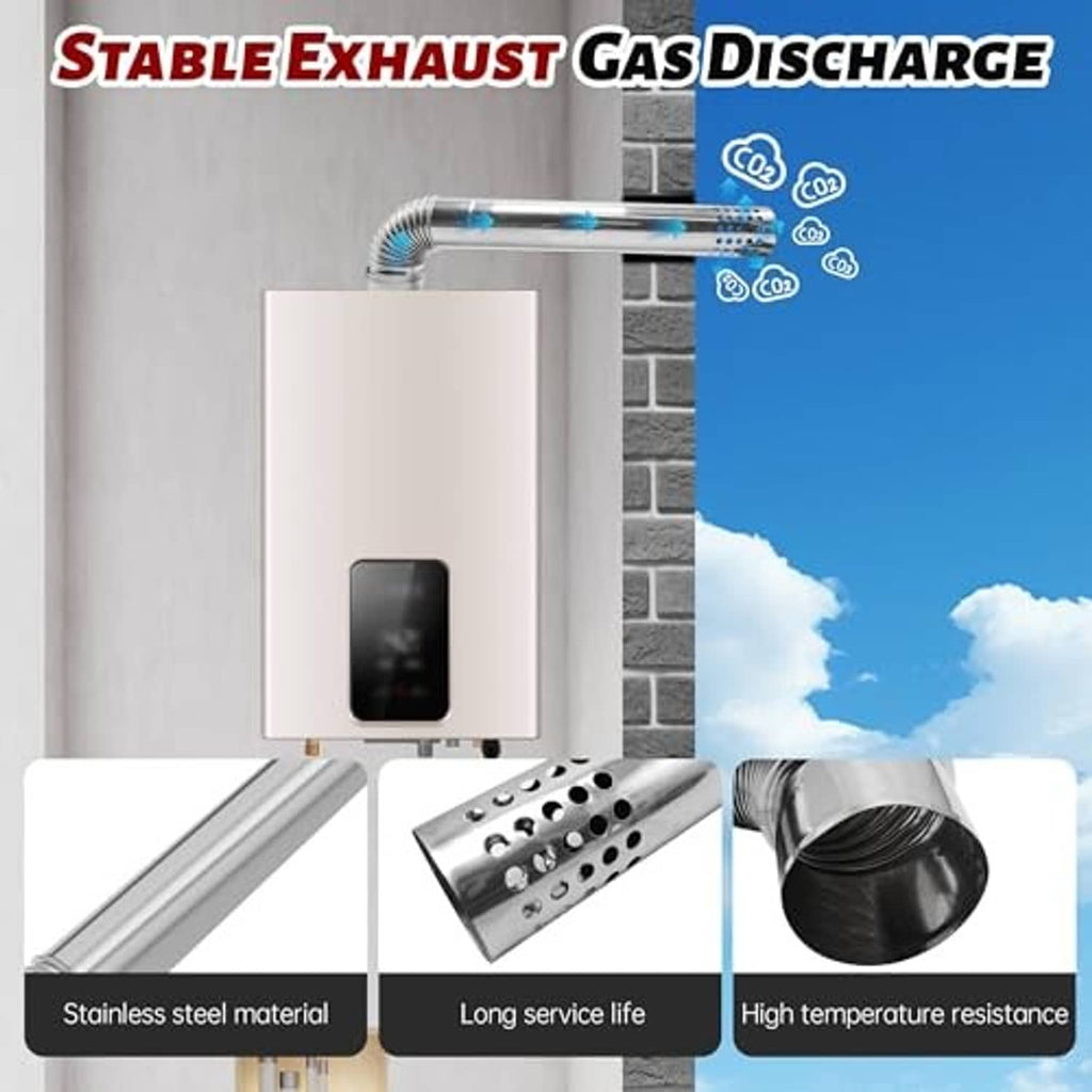 Stainless steel direct vent kit connected to a tankless water heater exhaust