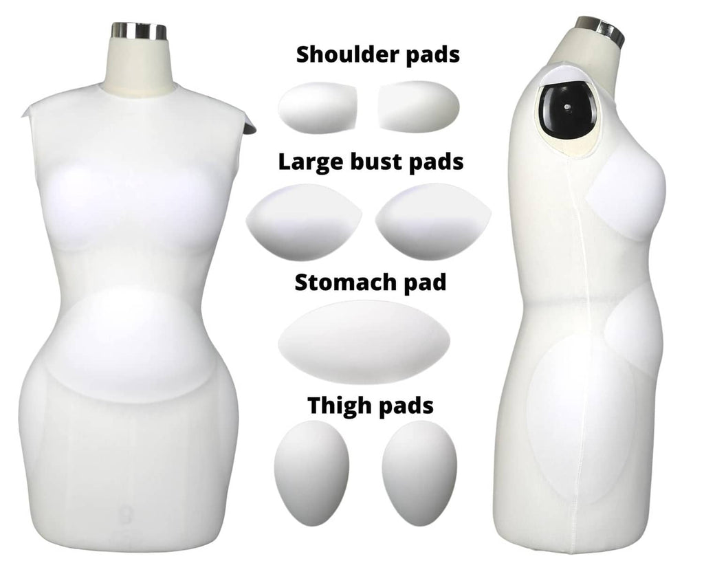 White dress form with shoulder pads, large bust, stomach, and thigh pads, front and side views