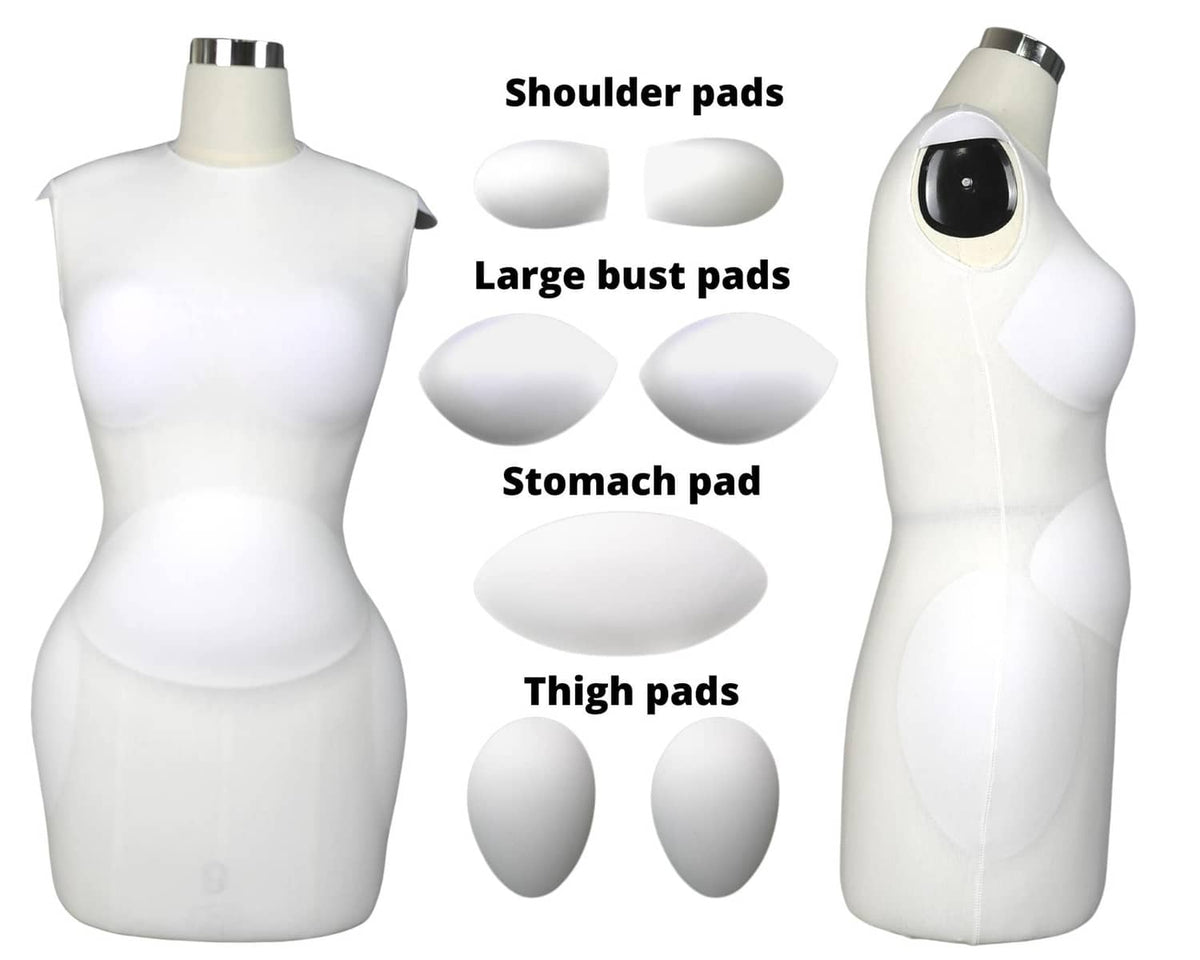 White dress form with shoulder pads, large bust, stomach, and thigh pads, front and side views