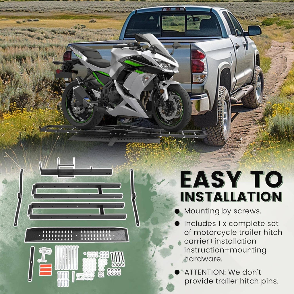 Hitch mount motorcycle carrier system with install parts laid out for assembly