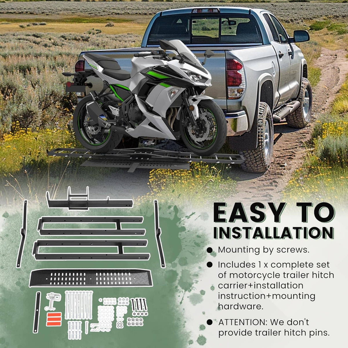 Hitch mount motorcycle carrier system with install parts laid out for assembly