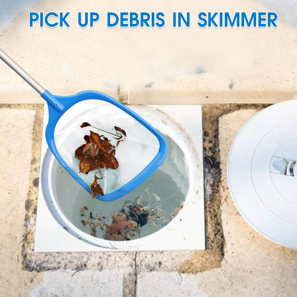 Blue pool skimmer net lifting leaves and debris from a water opening