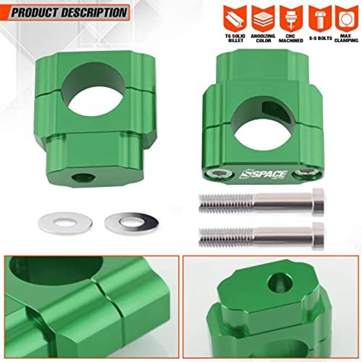 Green handlebar riser clamp set with circular bore, washers, and two silver bolts