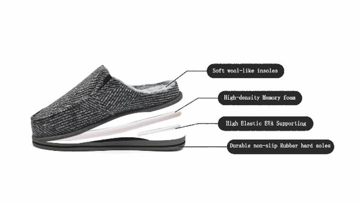 Grey herringbone clog slippers with cushioned insole layers and non-slip outsole