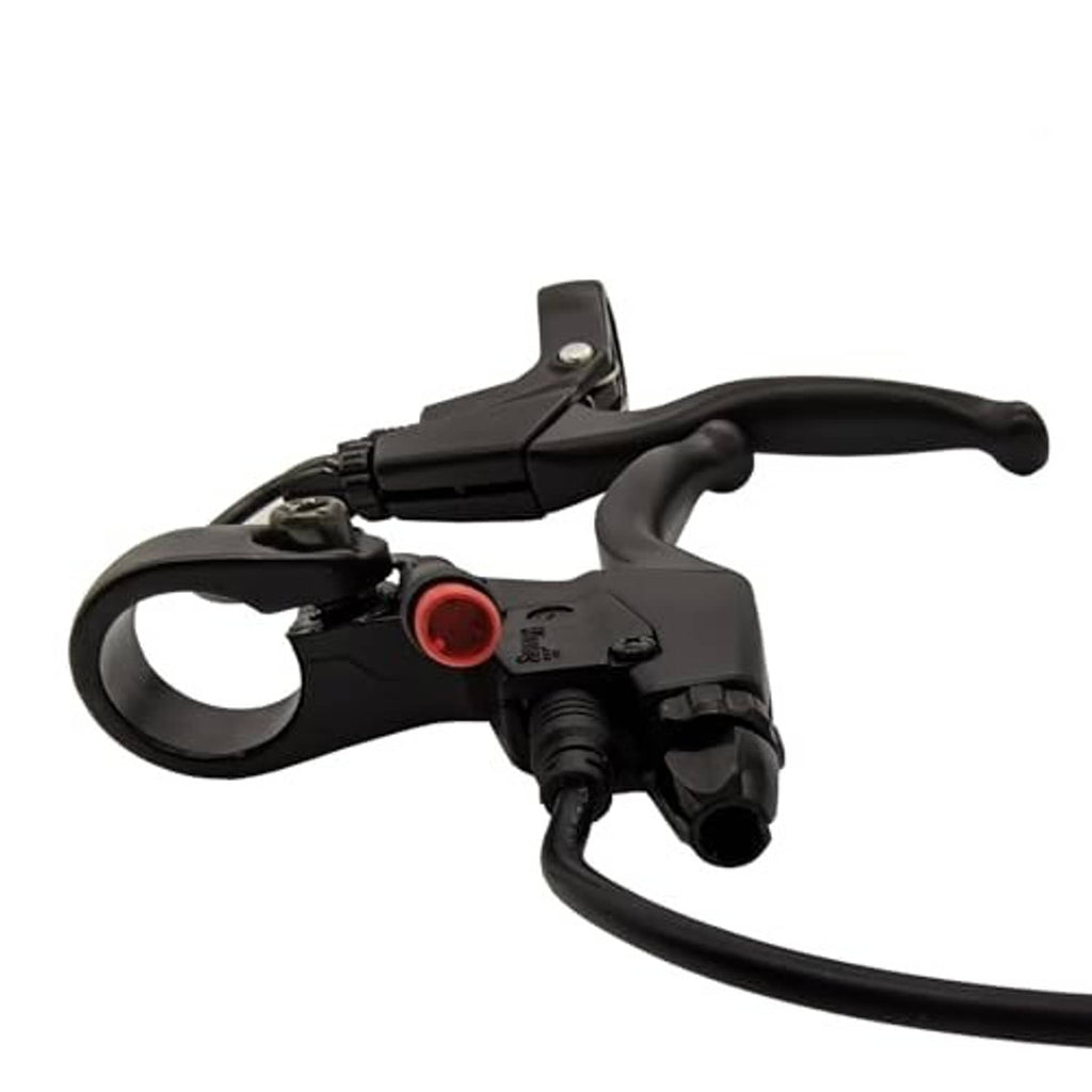Brake lever control unit with black levers, red ring button, and cable connectors.