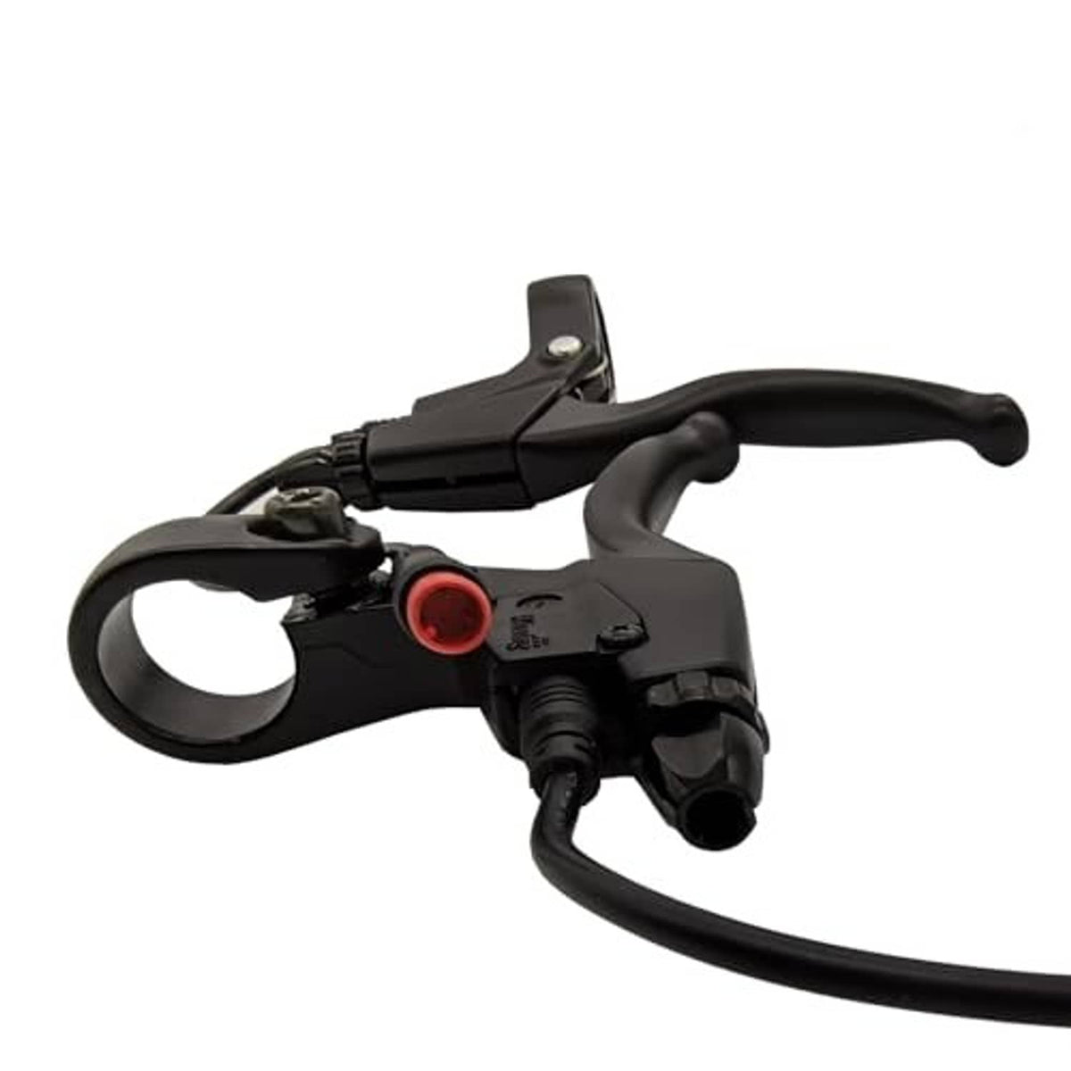Brake lever control unit with black levers, red ring button, and cable connectors.