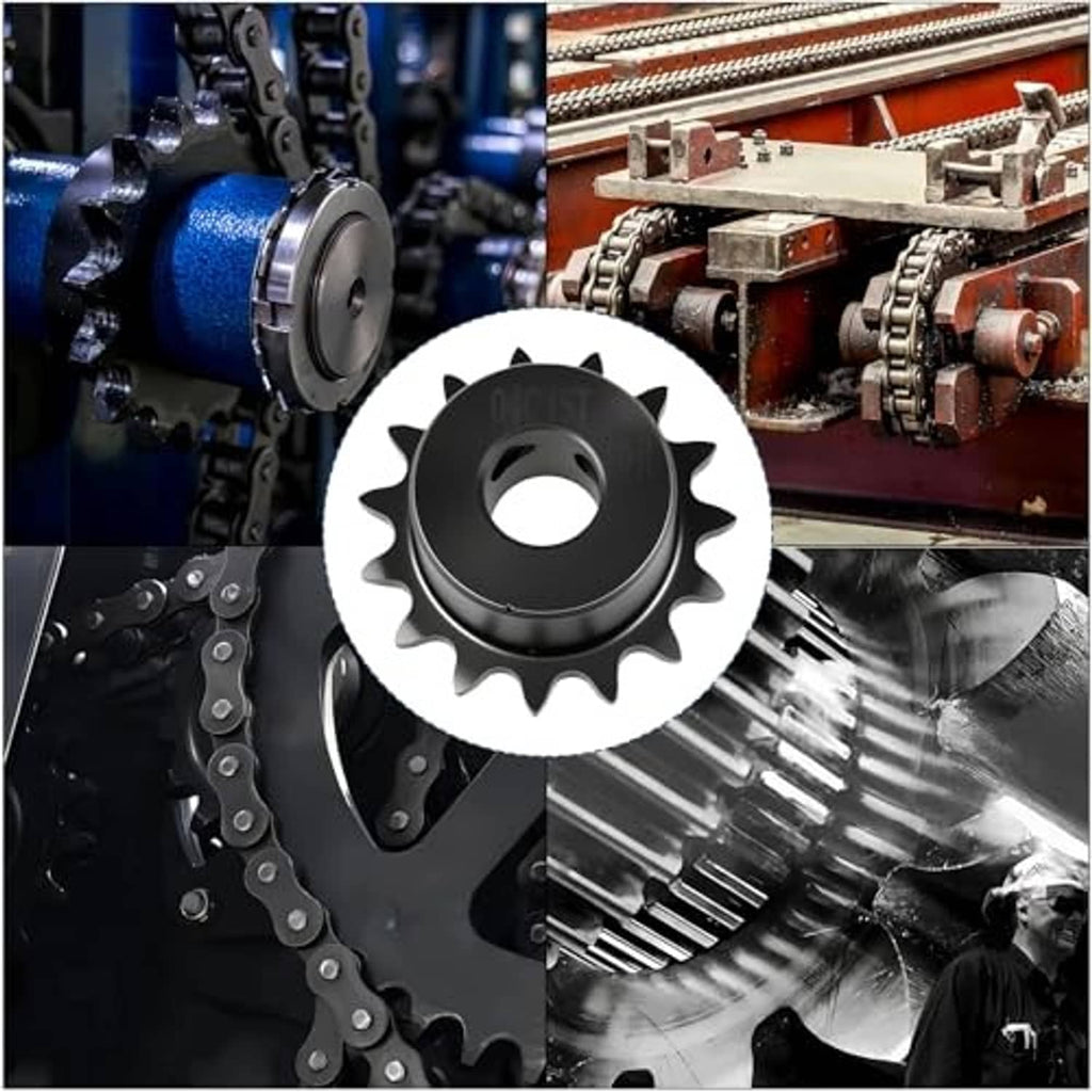 Black 15-tooth sprocket displayed in an industrial chain drive with metal machinery
