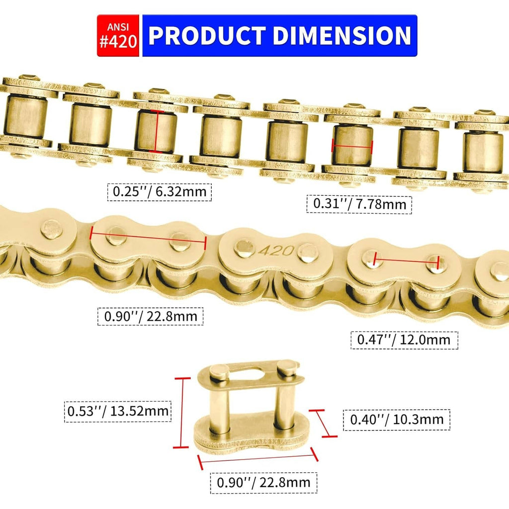 Gold motorcycle chain link dimensions for 420, pin and plate sizes