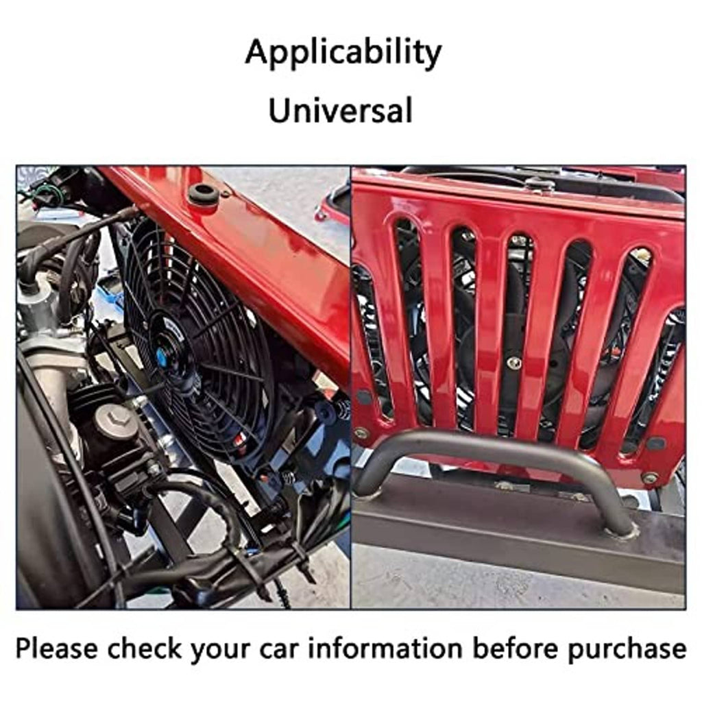Universal black electric radiator cooling fan mounted on a vehicle radiator