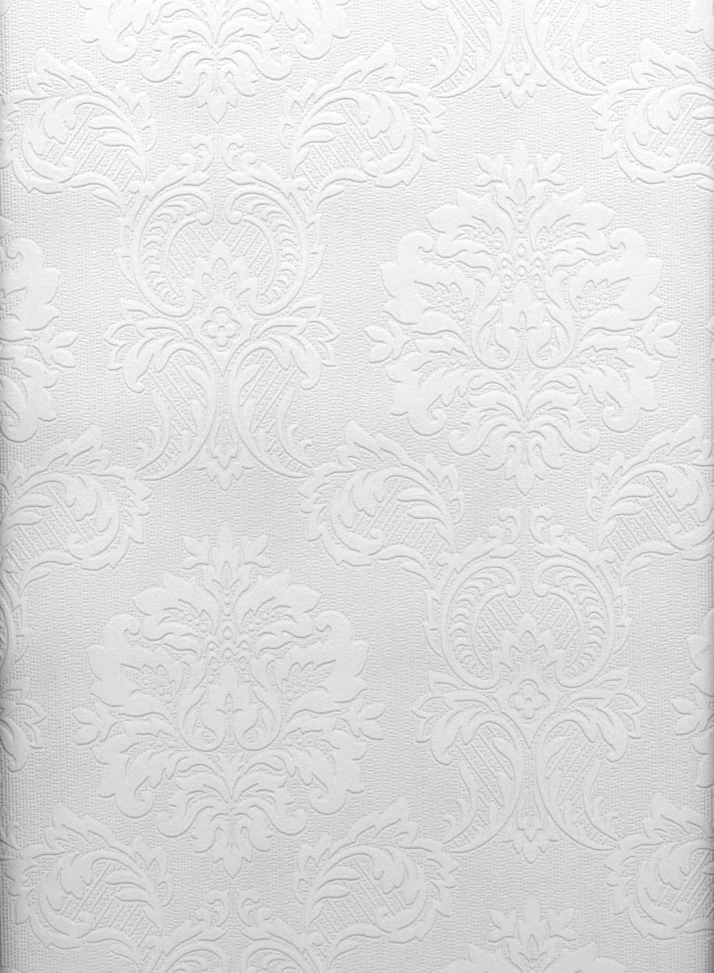 White paintable damask wallpaper, ornate embossed floral and scroll pattern close-up