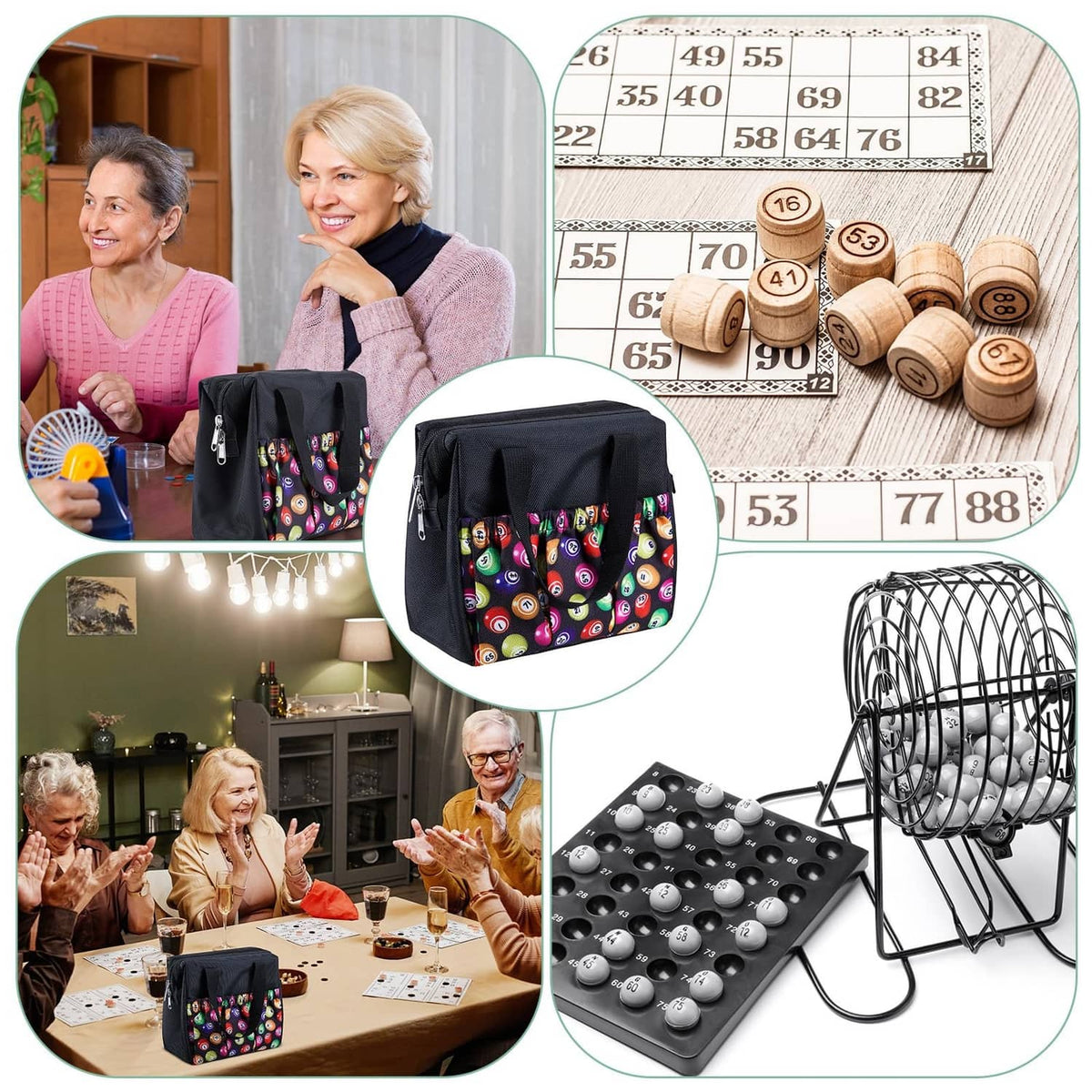 Black bingo dauber bag with colorful bingo-pattern pockets, zipper front, and handle