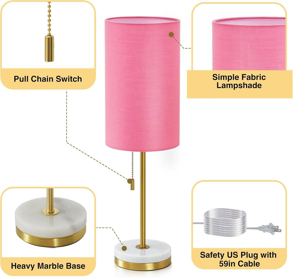 Minimalist lamp with pink fabric shade, gold pull-chain switch, and round marble base.