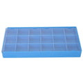 Blue plastic watch parts storage box with hinged lid and compartment grid