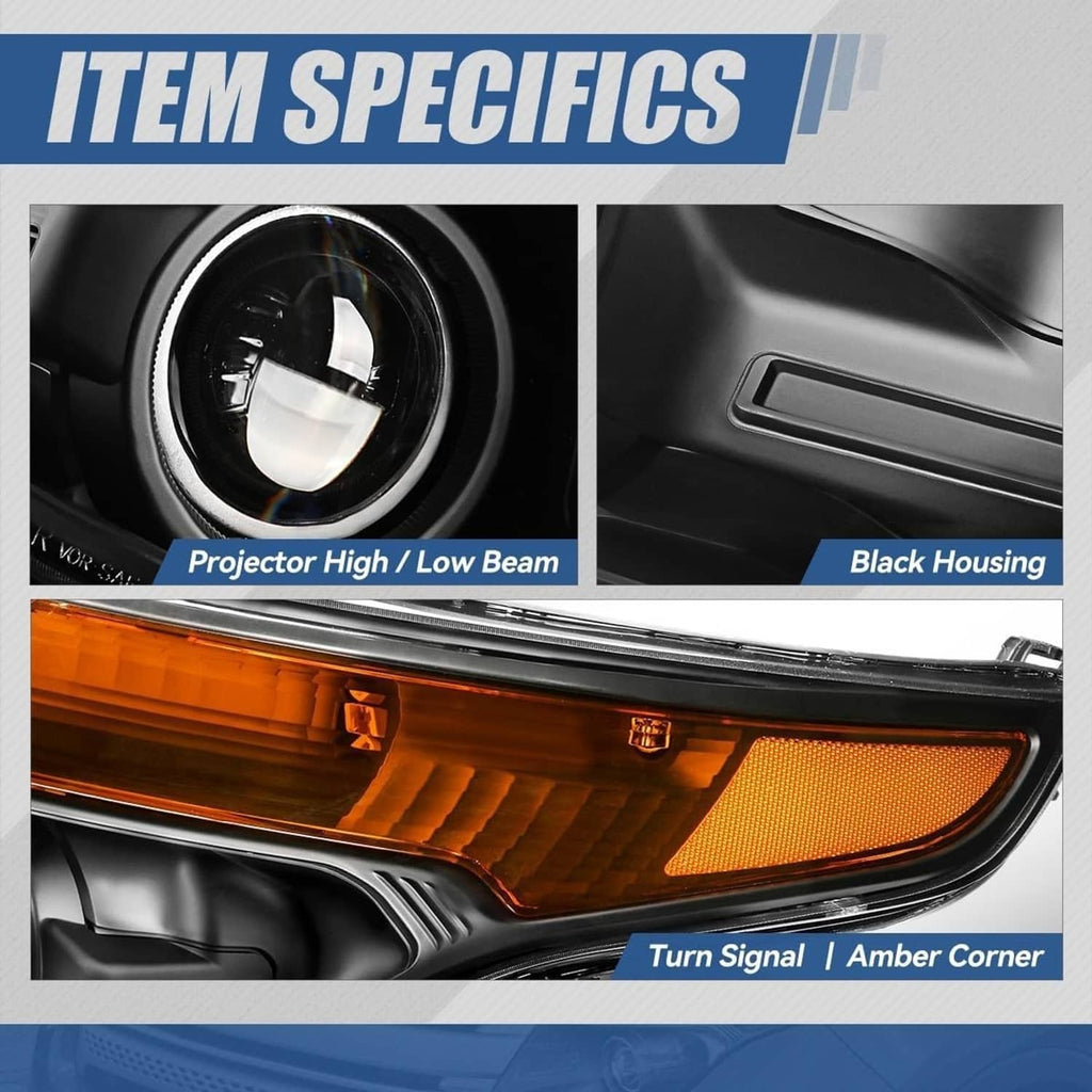 Headlight close-up showing projector lens, black housing, and amber turn signal lens