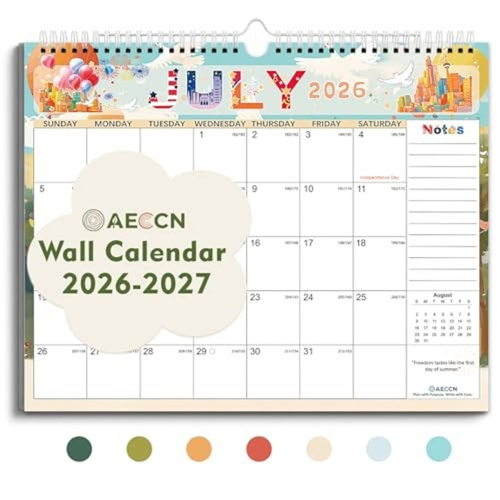 Spiral-bound wall calendar with hanging hook, colorful 2026–2027 month grid and notes